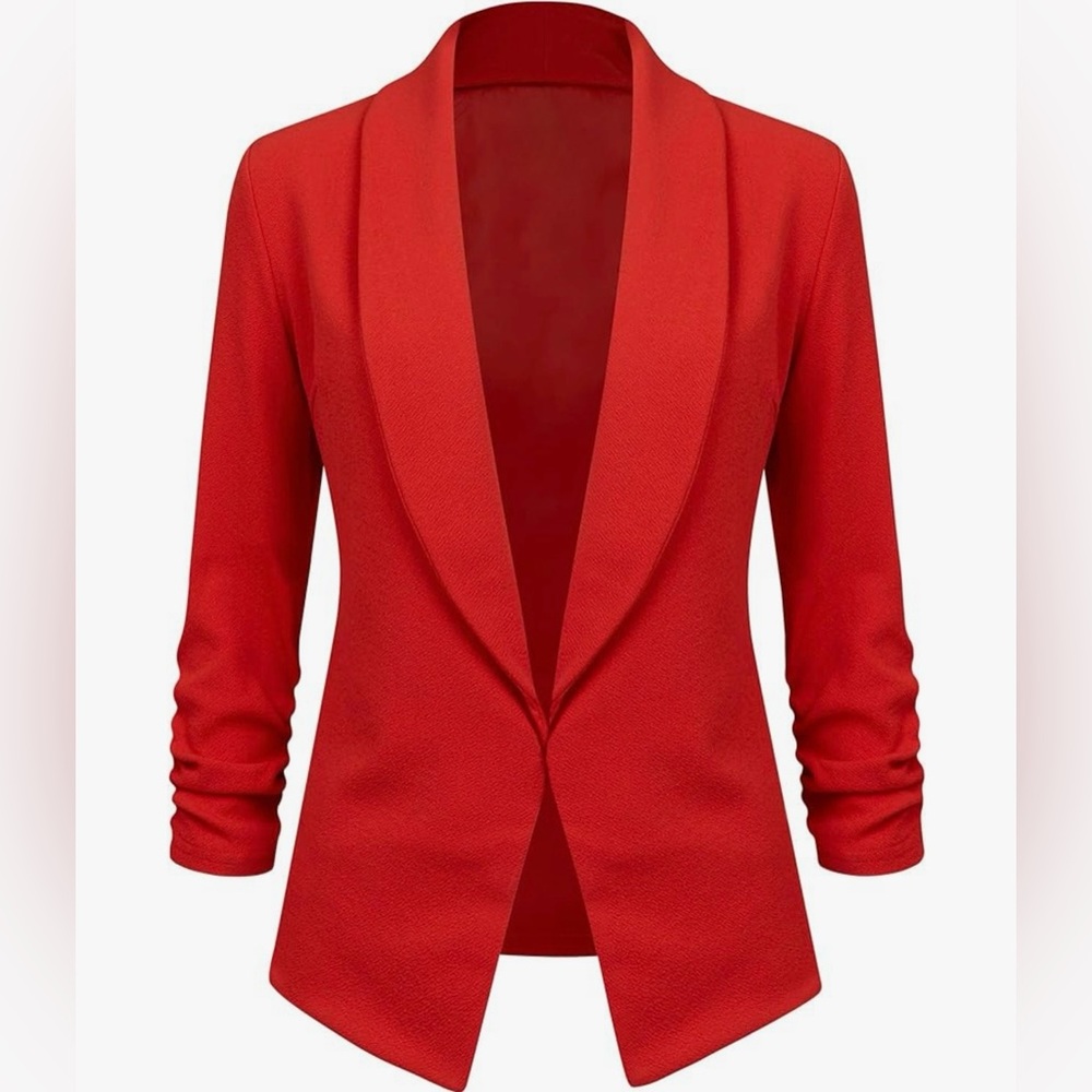 3/4 Sleeve Blazer Open Front Cardigan Jacket Work Office Blazer -red